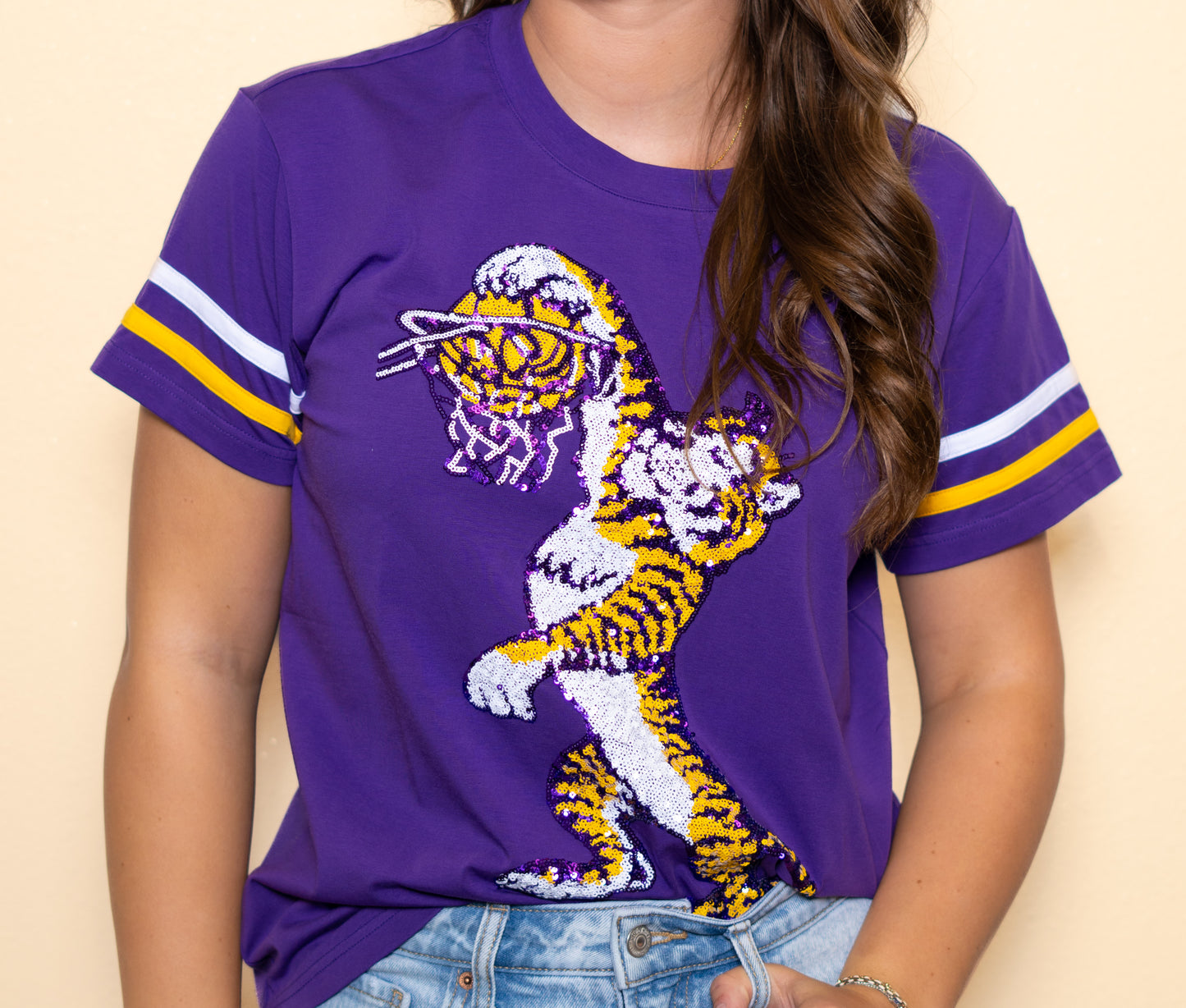 **PRE-ORDER ONLY** LSU Vintage Basketball (Licensed) | Women's Sequin Design Tee with Varsity Stripes (Purple)