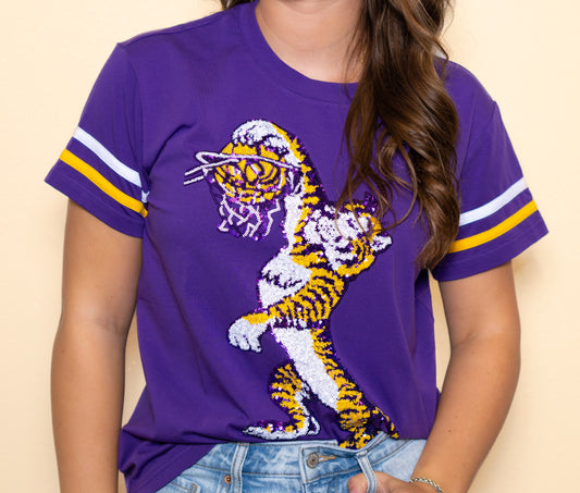 **PRE-ORDER ONLY** Wholesale | LSU Vintage Basketball (Licensed) | Women's Sequin Design Tee with Varsity Stripes (Purple)