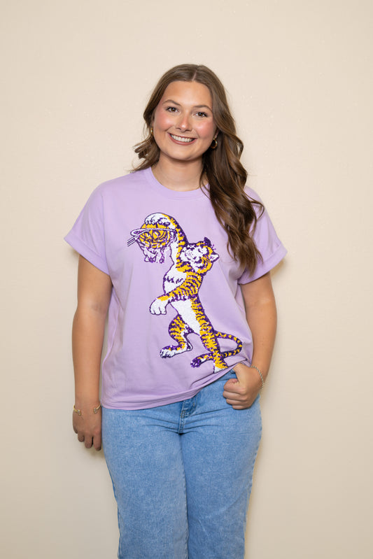 **PRE-ORDER ONLY** LSU Vintage Basketball (LICENSED)| Women's Sequin Design Cuff Sleeve Tee (Lavender)