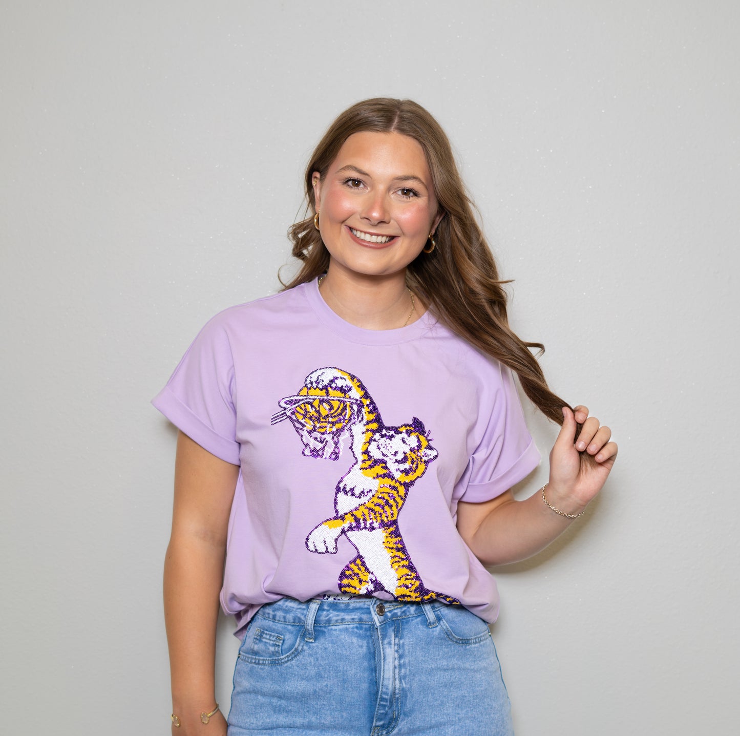 **PRE-ORDER ONLY** LSU Vintage Basketball (LICENSED)| Women's Sequin Design Cuff Sleeve Tee (Lavender)