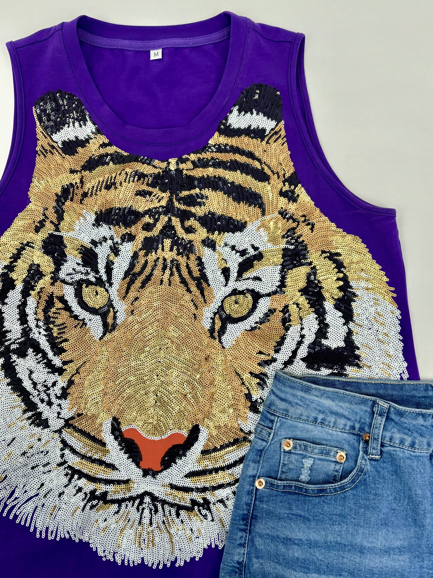 **PRE-ORDER ONLY** Tiger Face | Women's Sequin Design Tank (Purple)