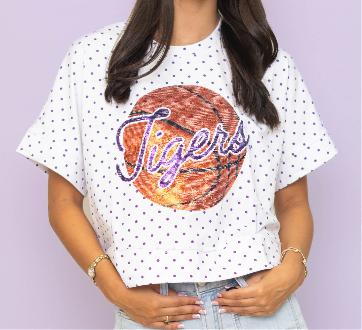 **PRE-ORDER ONLY** Wholesale | LSU Tigers Basketball (Licensed) | Polka Dot Exposed Seam Crop (Purple Polka Dot)