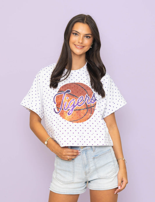 **PRE-ORDER ONLY** Wholesale | LSU Tigers Basketball (Licensed) | Polka Dot Exposed Seam Crop (Purple Polka Dot)