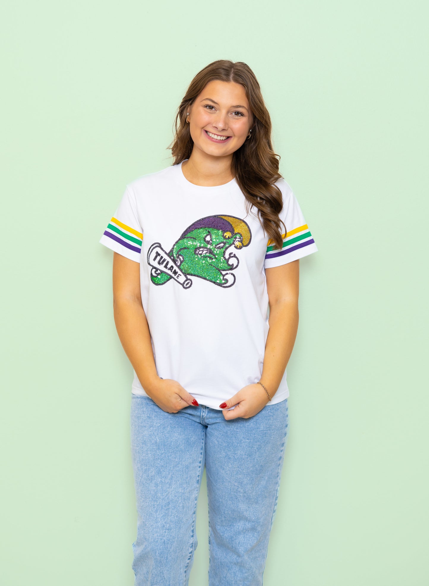Tulane (Licensed) Mardi Gras Jester Wave | Women's Sequin Design Tee with Varsity Stripe Sleeves (White)