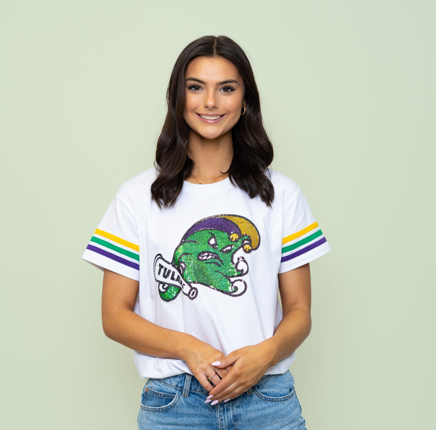 Tulane (Licensed) Mardi Gras Jester Wave | Women's Sequin Design Tee with Varsity Stripe Sleeves (White)