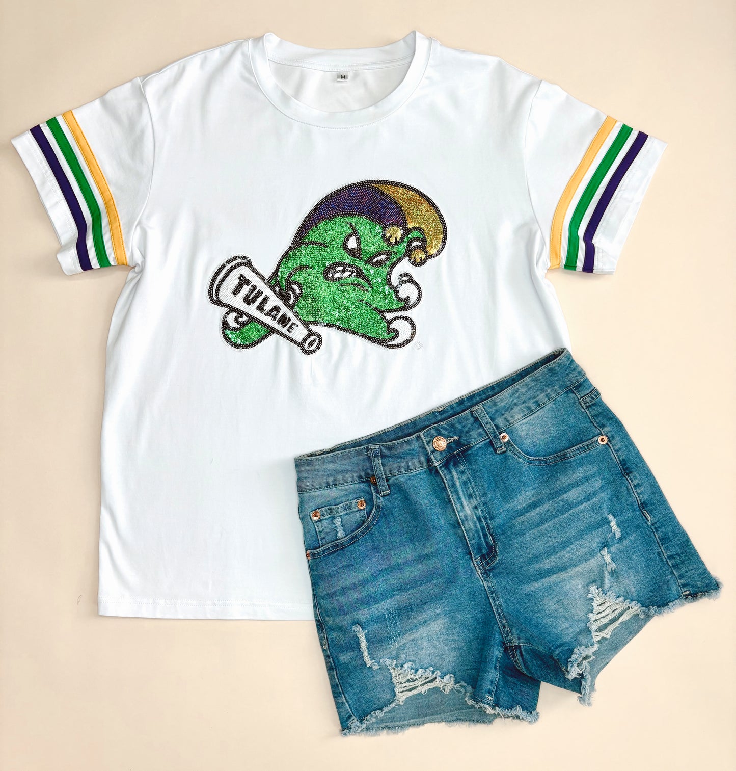 Tulane (Licensed) Mardi Gras Jester Wave | Women's Sequin Design Tee with Varsity Stripe Sleeves (White)