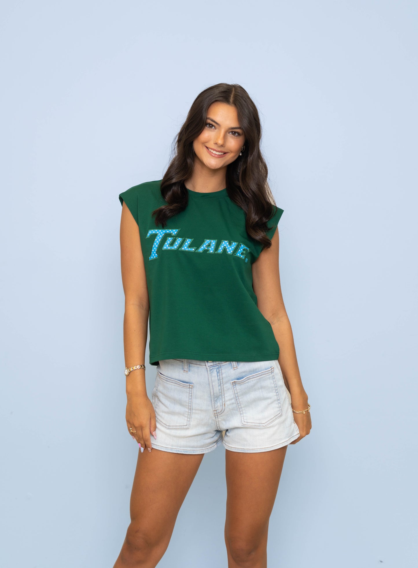 Tulane (Licensed) Women's Polka Dot Appliqué Embroidery Boxy Tank (Green)