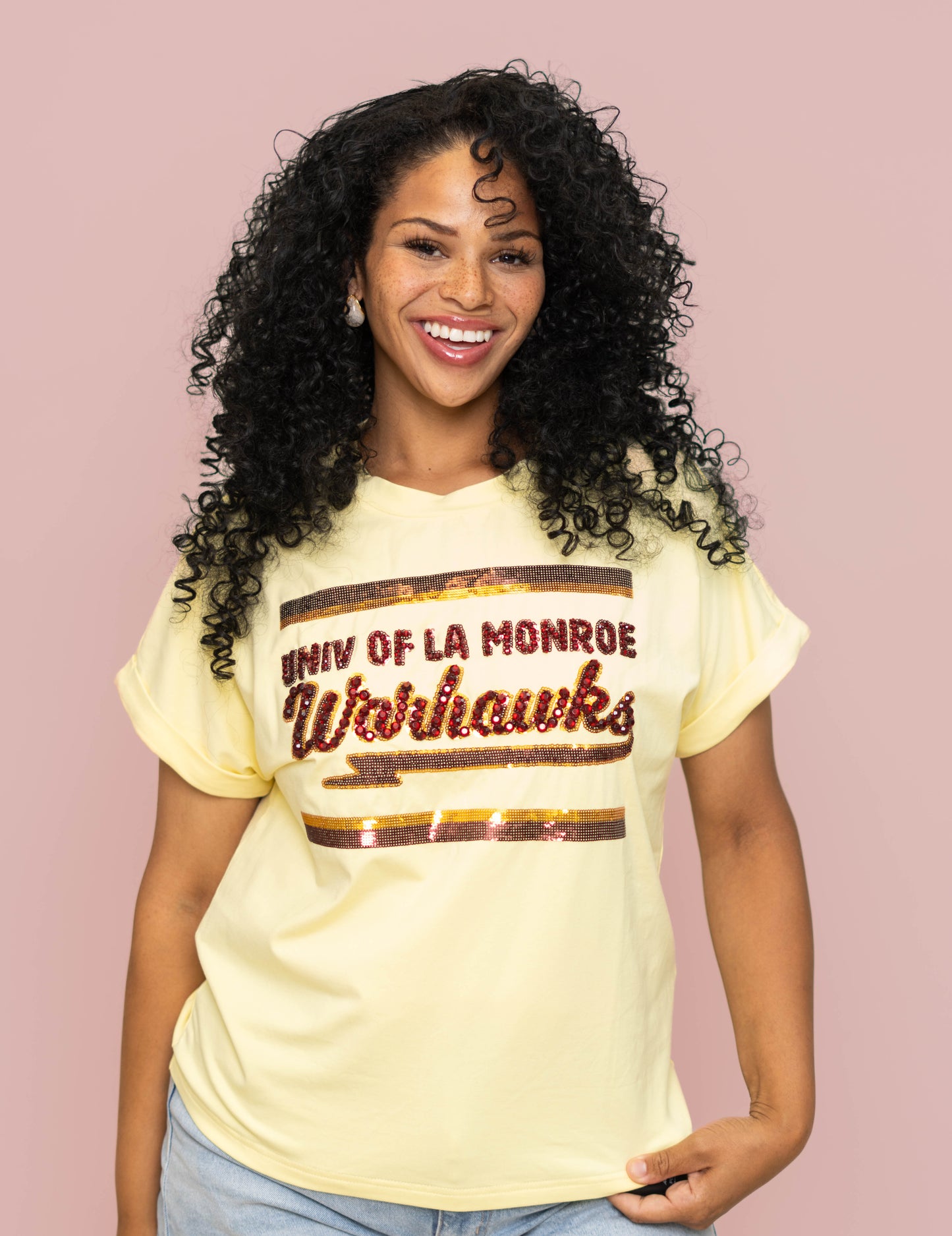 **PRE-ORDER ONLY** Wholesale | ULM Warhawks (LICENSED) | Women's Sequin + Jewel Design Cuff Sleeve (Butter Yellow)