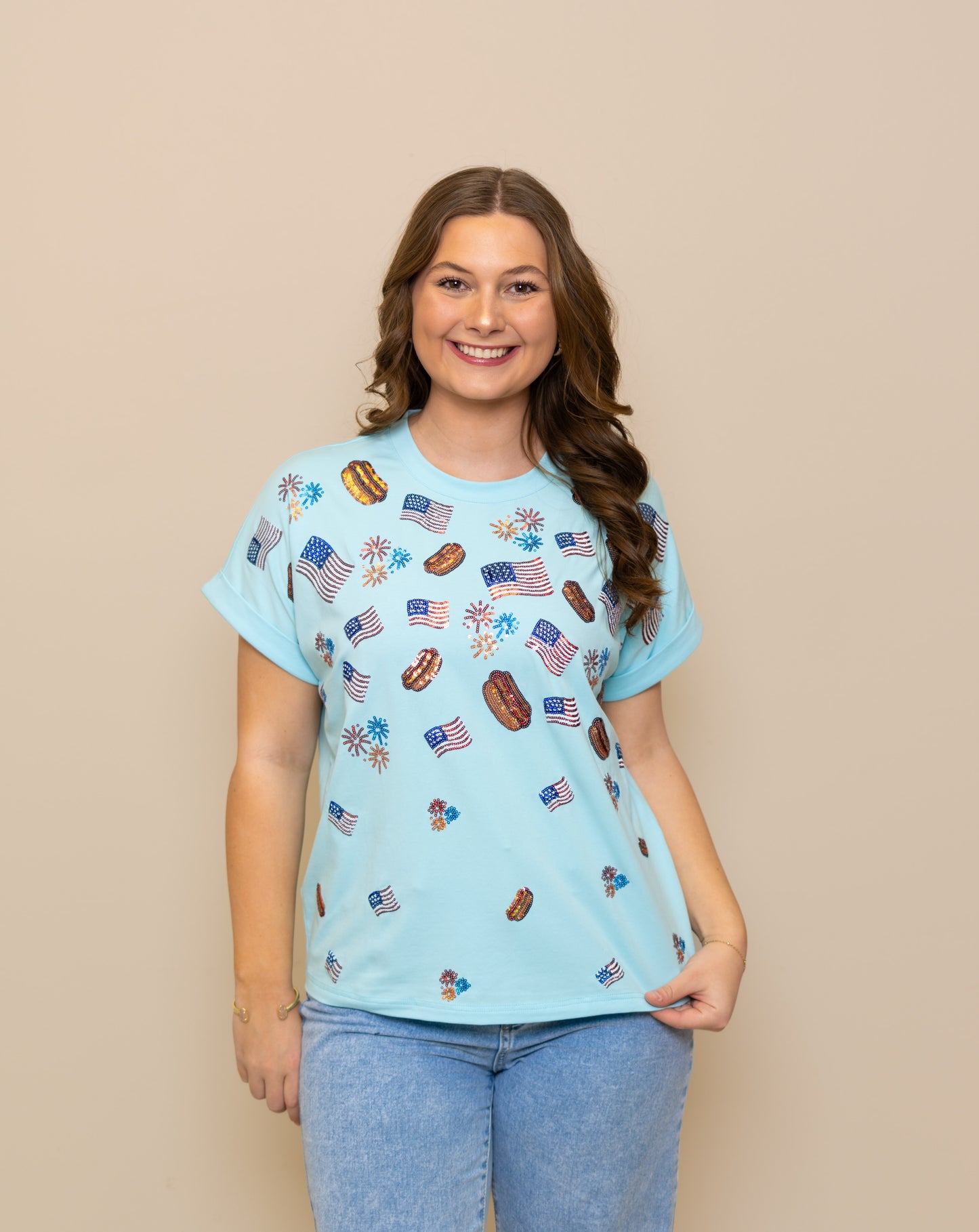 Star-Spangled Summer | Women's Sequin Design Cuff Sleeve Tee (Blue)