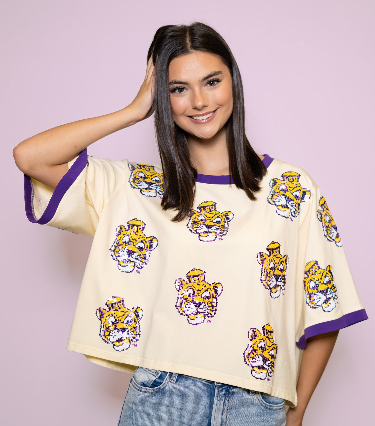 Wholesale | LSU VINTAGE (LICENSED) | Women's Oversized Scattered Crop Tee (Cream)