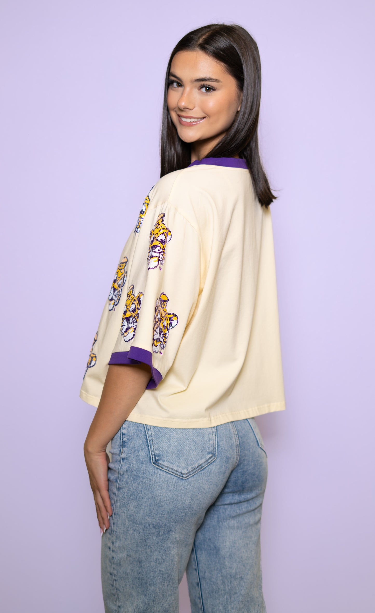 Wholesale | LSU VINTAGE (LICENSED) | Women's Oversized Scattered Crop Tee (Cream)