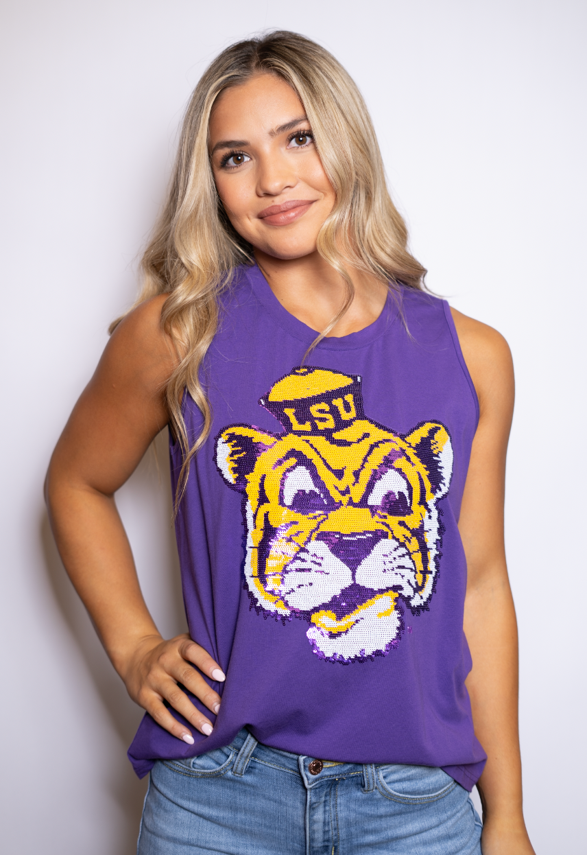 LSU Vintage Tiger (Licensed) | Women's Sequin Design Tank (Purple)