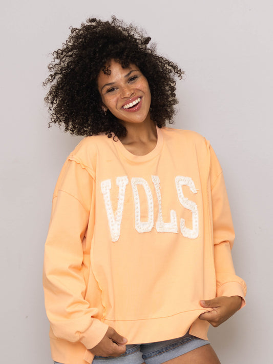 Tennessee Vols (LICENSED) | Women's Distressed Embroidery + Pearl Pullover (Light Orange)