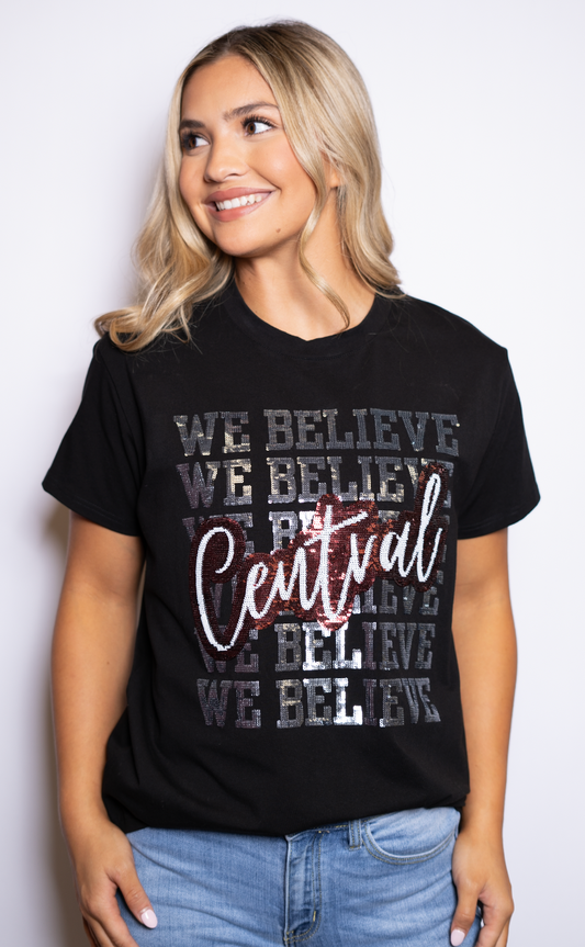 We Believe Central Wildcats | Women's Sequin Design Tee (Black)