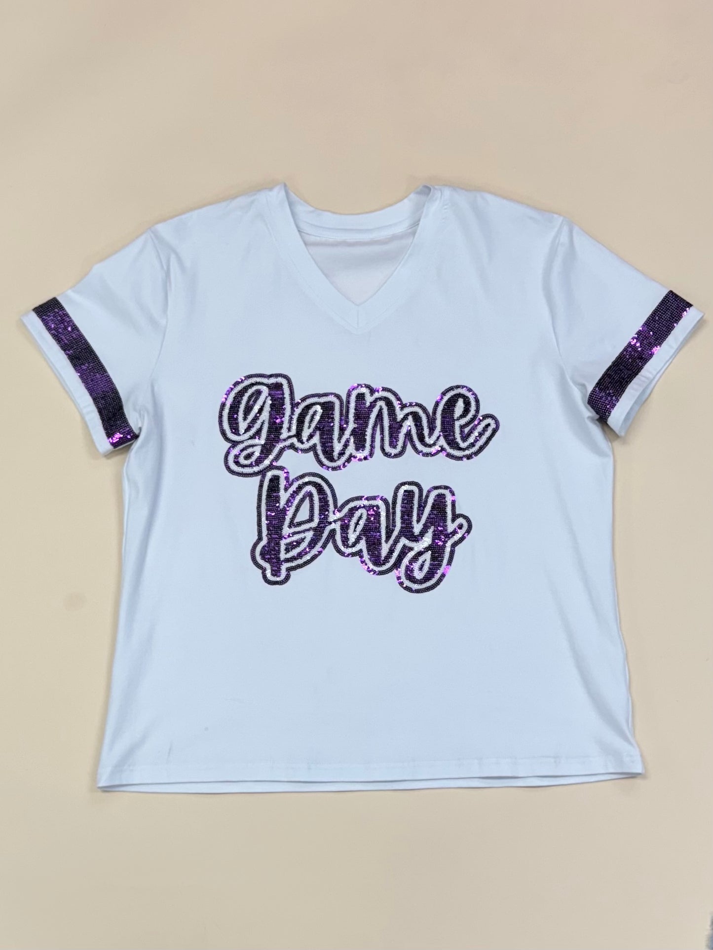 GAME DAY - PURPLE | Women's Sequin Design V-Neck Tee (White)