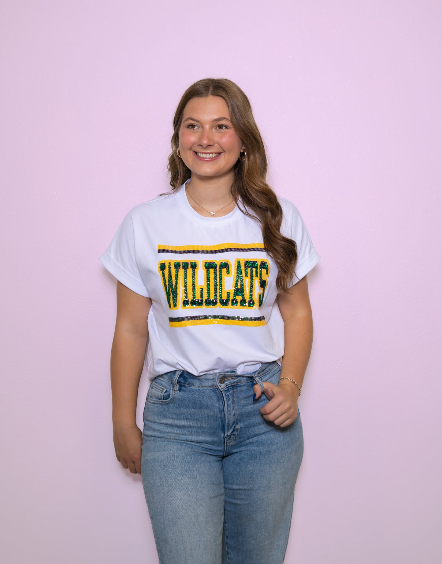 **PRE-ORDER ONLY** Jeweled Wildcats | Women's Sequin + Jewel Design Cuff Sleeve Tee (White)