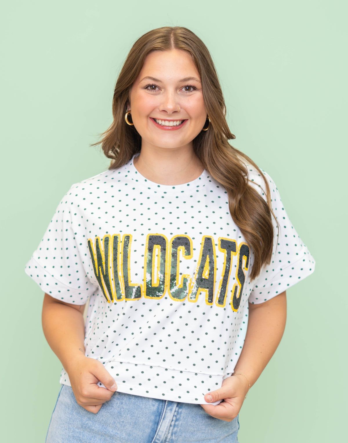 Wildcats | Polka Dot Exposed Seam Crop Shirt (Green Polka Dot)
