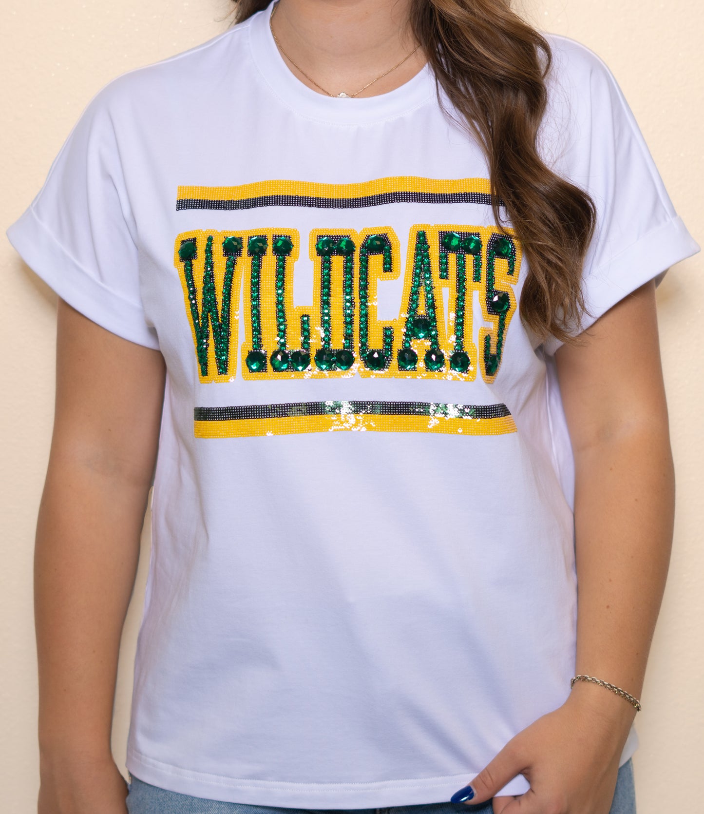 **PRE-ORDER ONLY** Jeweled Wildcats | Women's Sequin + Jewel Design Cuff Sleeve Tee (White)