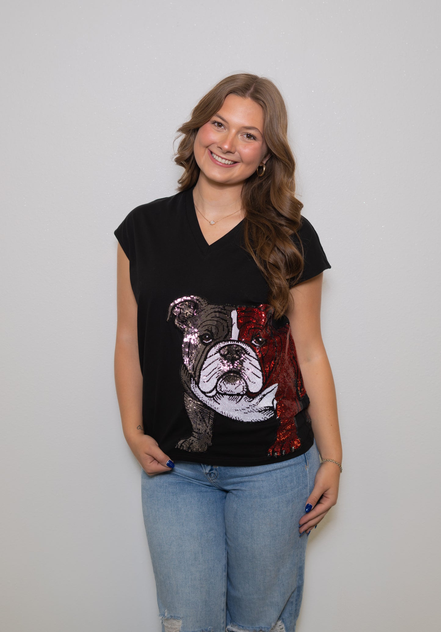 Wrap-Around Red Bulldog | Women's Wide Shoulder Sequin Design V-Neck Tee (Black)