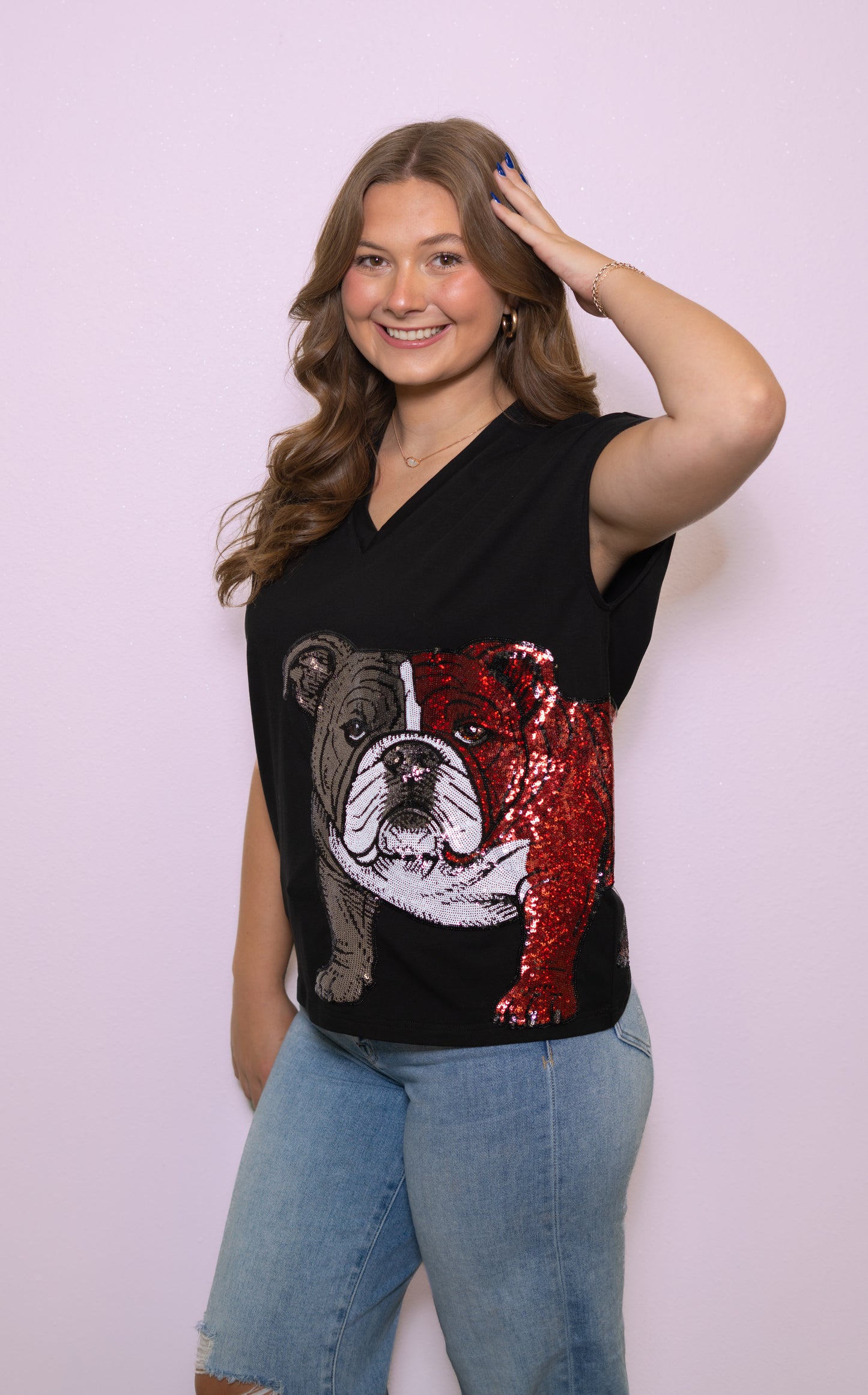 Wrap-Around Red Bulldog | Women's Wide Shoulder Sequin Design V-Neck Tee (Black)