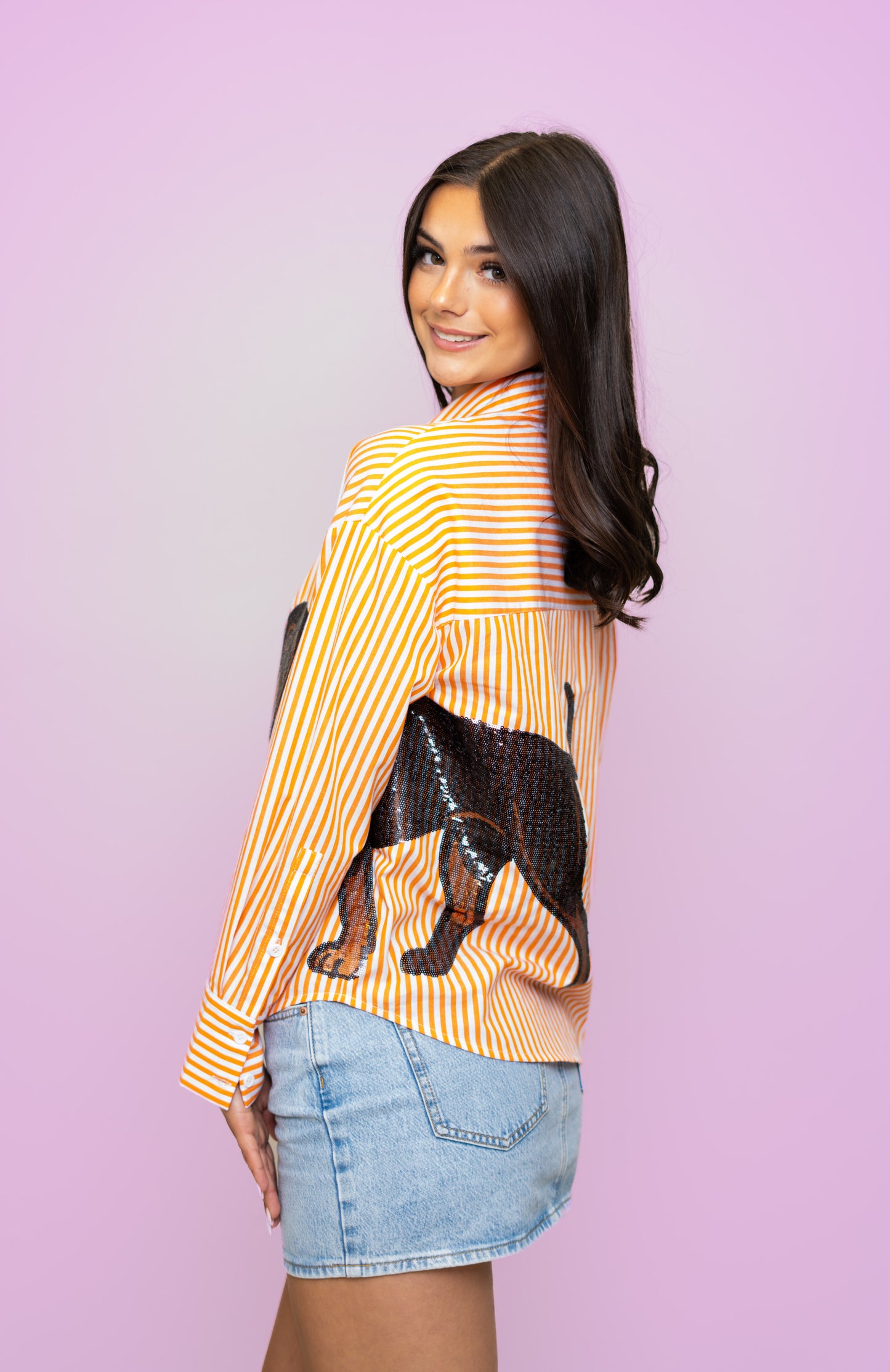 Wholesale | Women's Orange Striped Button Down Sequin Hound Dog
