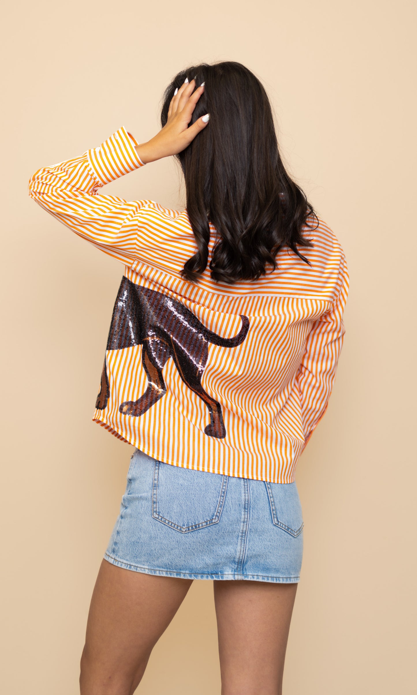 Wholesale | Women's Orange Striped Button Down Sequin Hound Dog