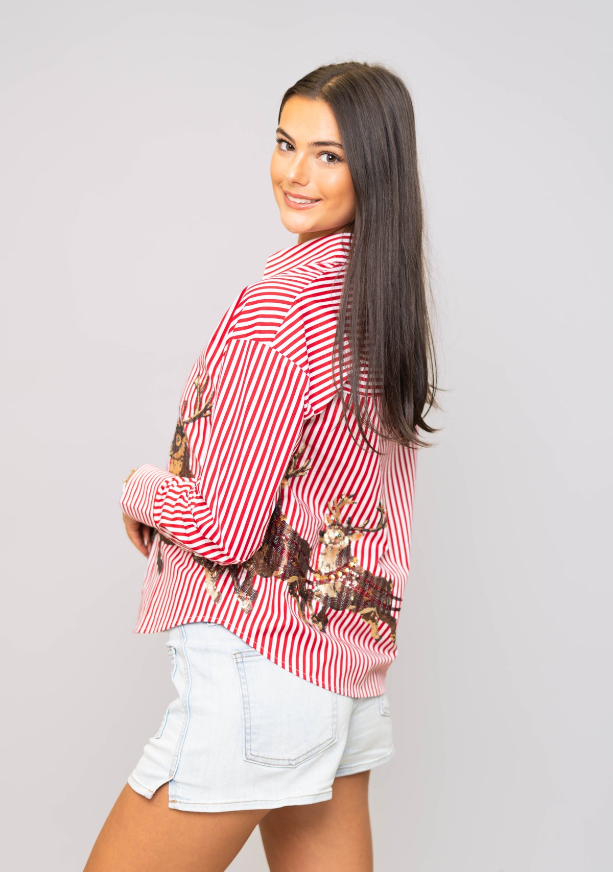 **PRE-ORDER ONLY** Wholesale | Reindeer & Jingle Bells | Women's Red Striped Button-Down