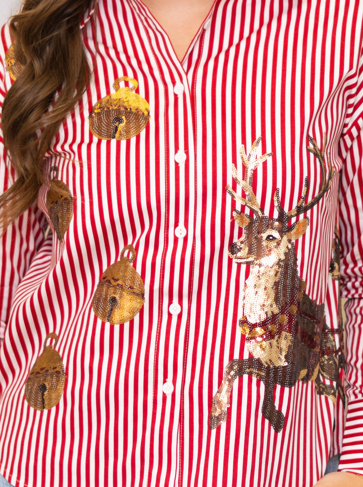 **PRE-ORDER ONLY** Wholesale | Reindeer & Jingle Bells | Women's Red Striped Button-Down