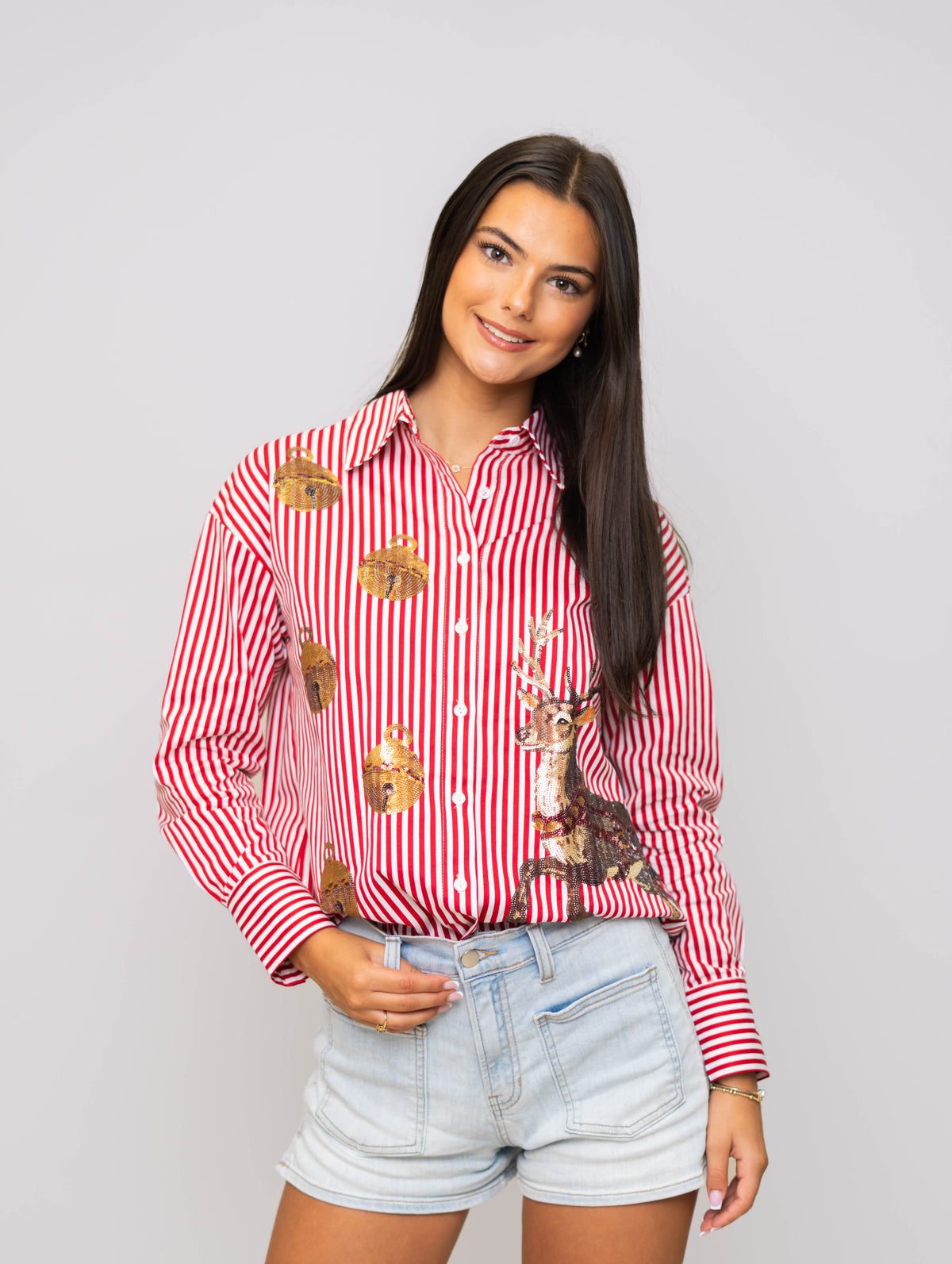 **PRE-ORDER ONLY** Wholesale | Reindeer & Jingle Bells | Women's Red Striped Button-Down