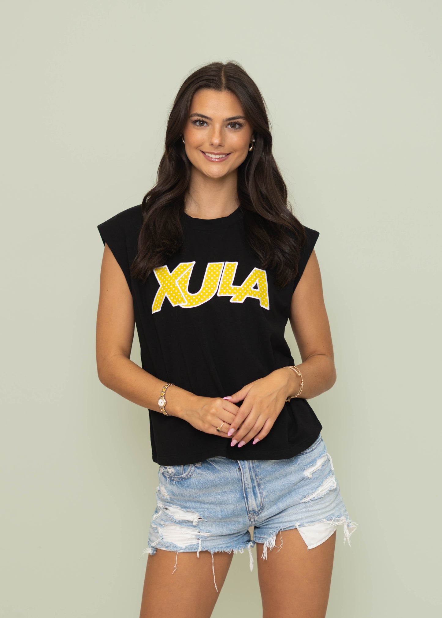 **PRE-ORDER ONLY** Xavier (Licensed) | Women's Polka Dot Appliqué Embroidery Boxy Tank (Black)
