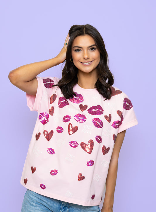 Scattered XOXO Hearts | Women's Sequin Embroidery Cuff Sleeve Tee (Pink)